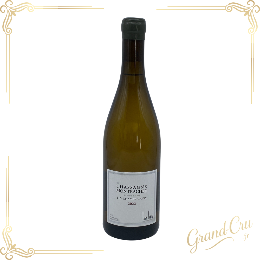 Bouteille de Chassagne-Montrachet 1er Cru Les Champs Gains 2022, grand vin blanc ciselé du Domaine Lamy-Caillat