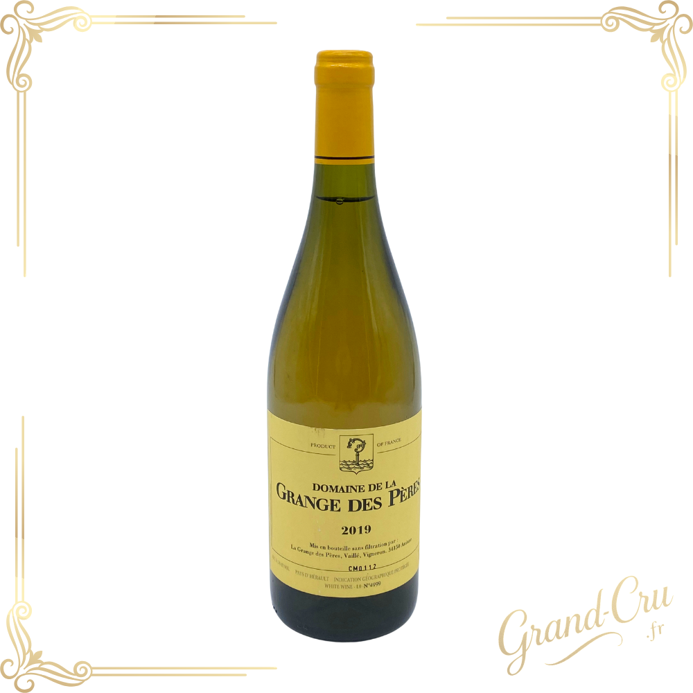 Bouteille de vin blanc Grange des Pères 2019, Aniane, Languedoc, avec étiquette sobre et élégante, pour le site www.grand-cru.fr