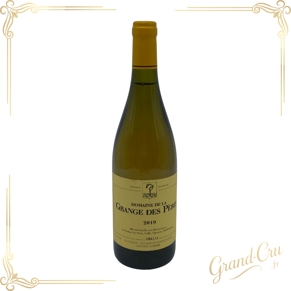 Bouteille de vin rouge Grange des Pères 2019, Aniane, Languedoc, avec étiquette sobre et élégante.