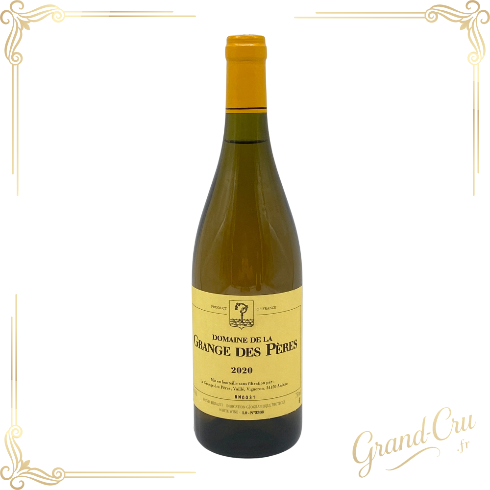 Bouteille de vin rouge Grange des Pères 2020, Aniane, Languedoc, avec étiquette sobre et élégante, pour le site www.grand-cru.fr