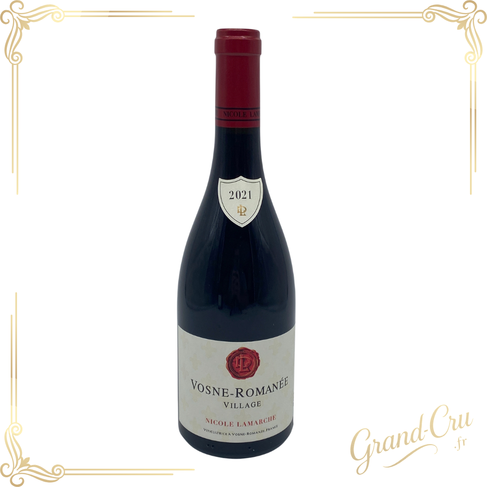 Bouteille de vin rouge Vosne-Romanée 2021 du domaine Nicole Lamarche, étiquette élégante blanche avec lettrage noir, posée sur fond neutre.