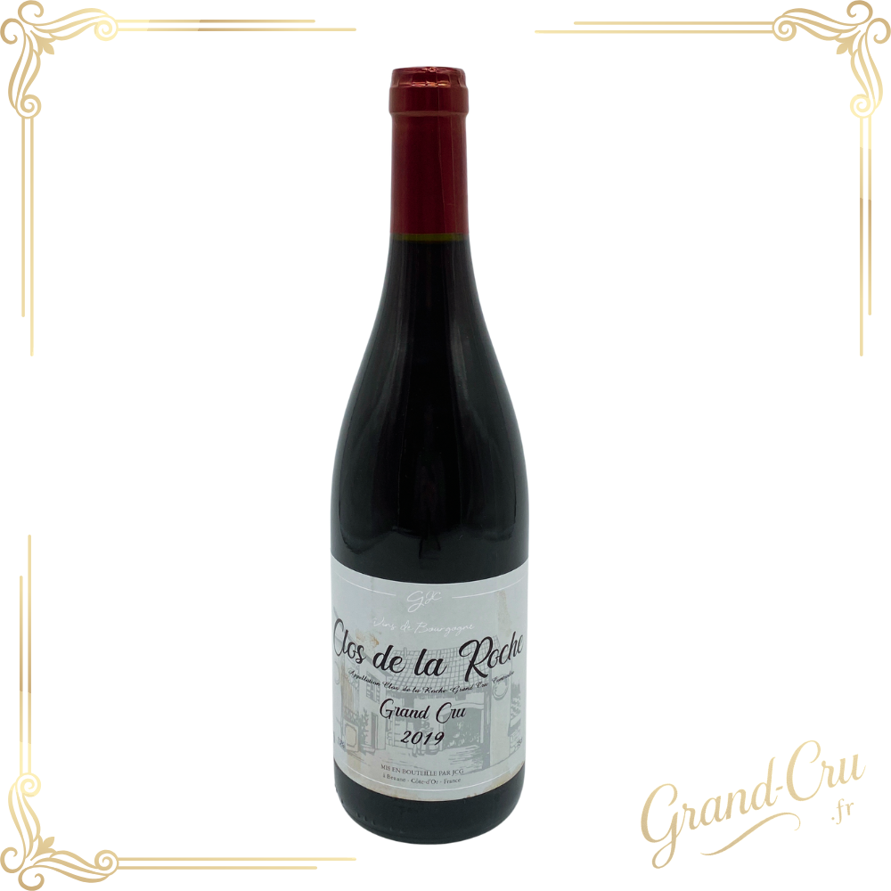 Bouteille de Clos de la Roche Jean‑Claude Guyaux 2019, grand cru de Bourgogne, avec étiquette élégante et robe rubis profonde sur le site www.grand-cru.fr