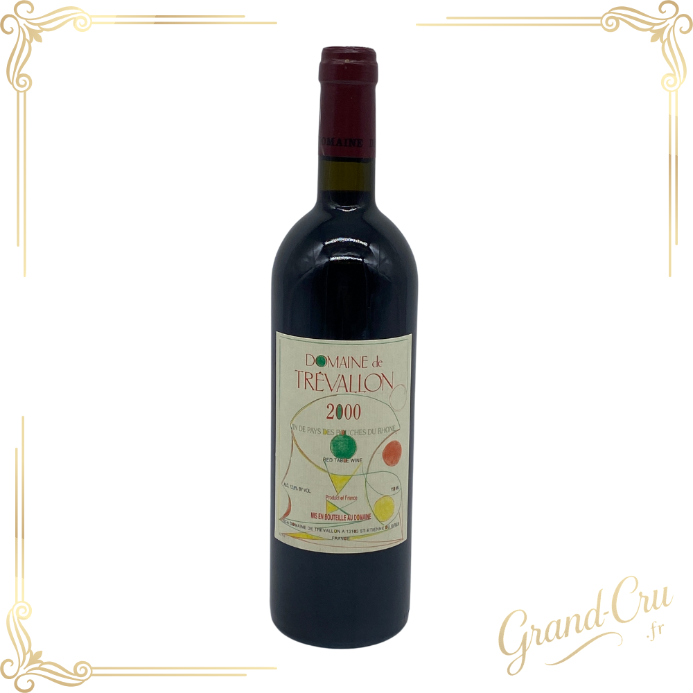Bouteille de Domaine de Trévallon 2000, vin rouge des Bouches-du-Rhône, avec étiquette artistique et mention “Mis en bouteille au domaine” sur le site www.grand-cru.fr
