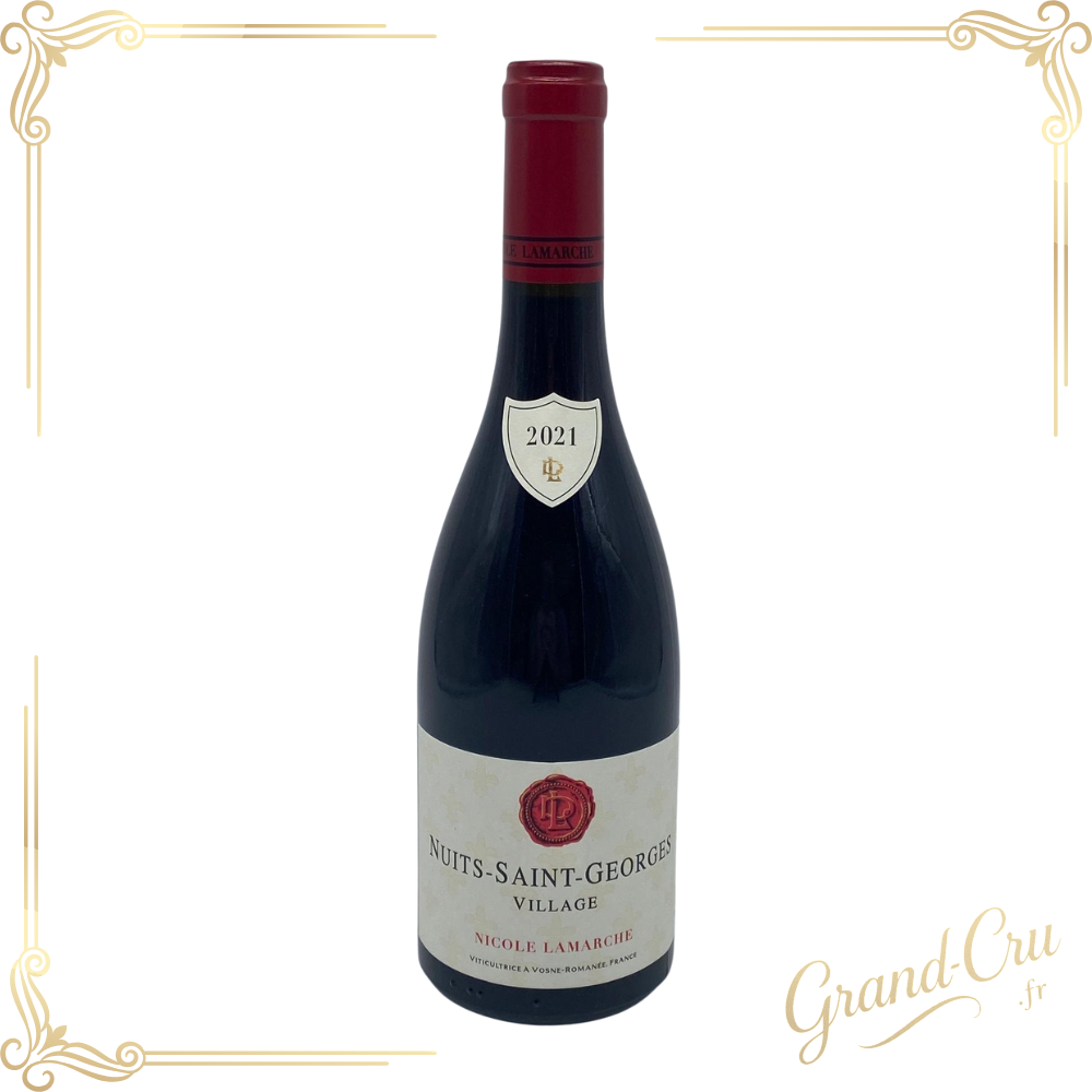Bouteille de vin rouge Nuits-Saint-Georges 2021 du Domaine Nicole Lamarche, pinot noir de Bourgogne, étiquette élégante blanche sur fond neutre.